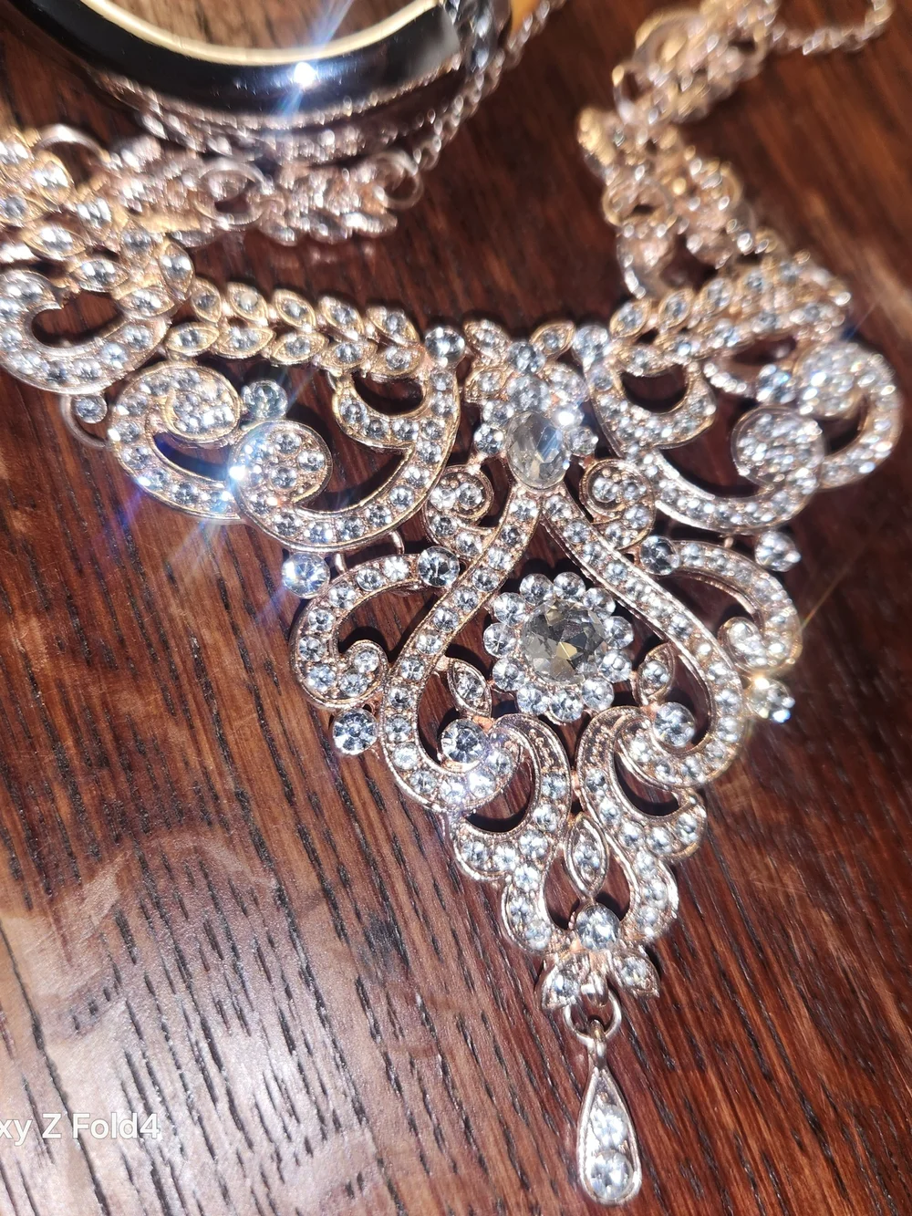 Crystal Filigree Statement Necklace with Gold-Tone Yellow Enamel Clamp Watch